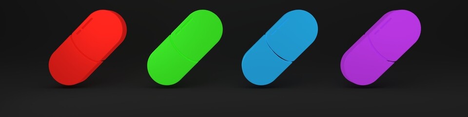 Colorful Medicine pill or tablet icon isolated on black background. Capsule pill and drug sign. Pharmacy design. Minimalism concept. 3D render illustration