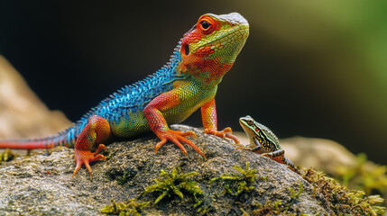 A colorful lizard, Calotes versicolor, is basking in the sun with a small frog on a rock covered with moss. --ar 16:9 --v 6.1 Job ID: 1eab309b-1403-499a-94d3-d63cf95d55de