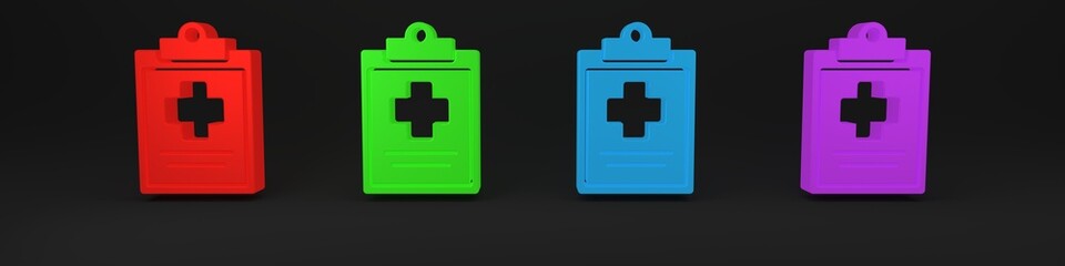 Obraz premium Colorful Medical clipboard with clinical record icon isolated on black background. Health insurance form. Prescription, medical check marks report. Minimalism concept. 3D render illustration