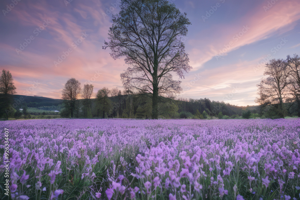 Wall mural lavender field bathed in golden sunlight, a breathtaking landscape of purple blooms against a vibran