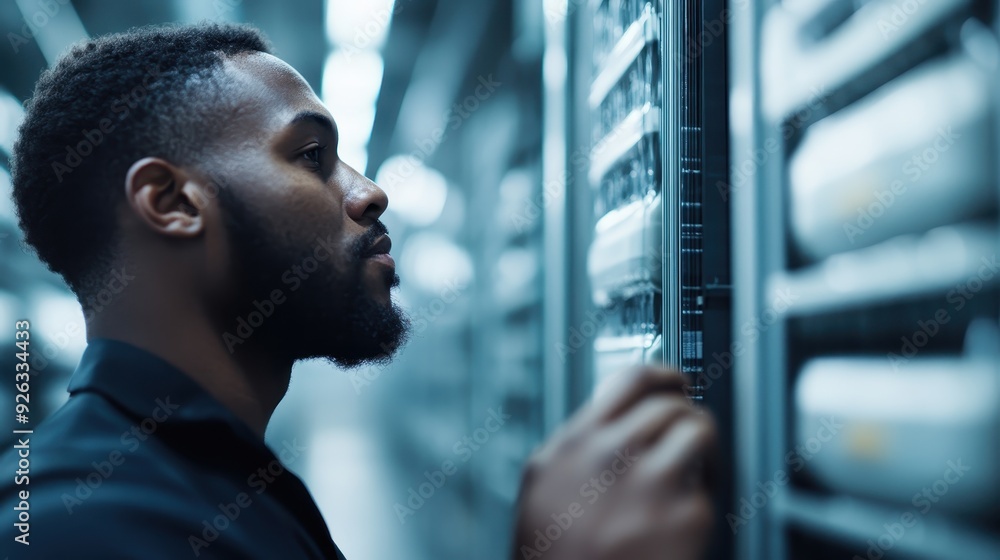 Poster this image captures a technician meticulously examining server racks in a high-tech data center, rep