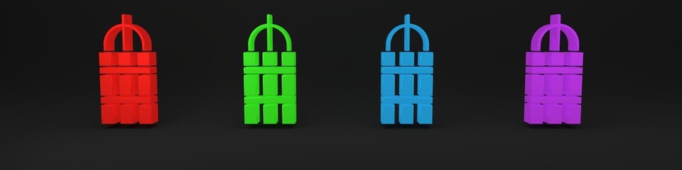 Colorful Detonate dynamite bomb stick and timer clock icon isolated on black background. Time bomb - explosion danger concept. Minimalism concept. 3D render illustration