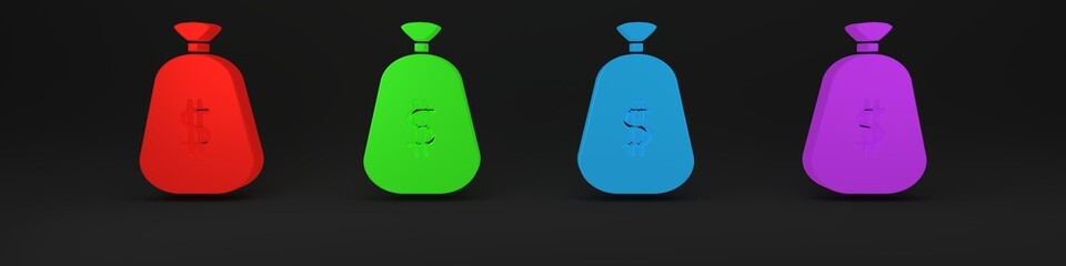 Colorful Money bag icon isolated on black background. Dollar or USD symbol. Cash Banking currency sign. Minimalism concept. 3D render illustration