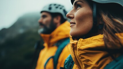 Two hikers wearing yellow jackets with backpacks take in a foggy mountain view, emphasizing the connection with nature and the joy of adventure and exploration.