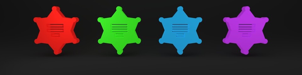 Colorful Hexagram sheriff icon isolated on black background. Police badge icon. Minimalism concept. 3D render illustration