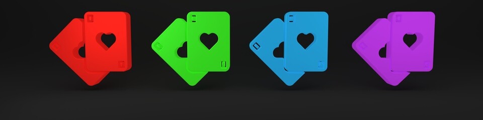 Colorful Playing cards icon isolated on black background. Casino gambling. Minimalism concept. 3D render illustration