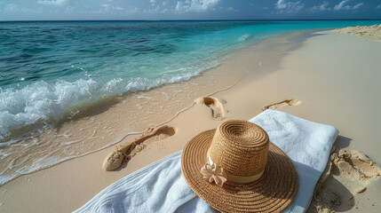 Obraz premium Tranquil Beach: Woman's Hat and Towel on Pristine Maldivian Sand with Turquoise Ocean Backdrop