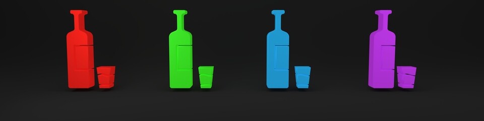 Colorful Whiskey bottle and glass icon isolated on black background. Minimalism concept. 3D render illustration