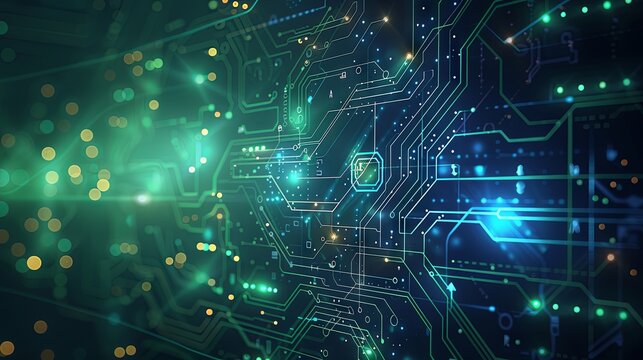 Digital technology banner featuring a green and blue background with a tech-inspired light effect, showcasing abstract innovation, future data, AI big data, internet networks