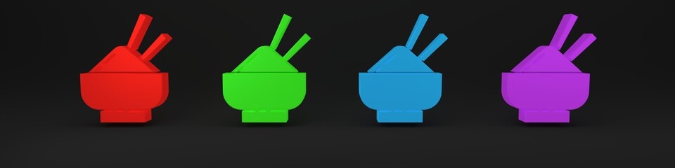 Colorful Rice in a bowl with chopstick icon isolated on black background. Traditional Asian food. Minimalism concept. 3D render illustration