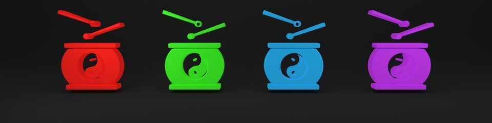 Colorful Chinese drum icon isolated on black background. Traditional asian percussion instrument Taiko or O-Daiko drum. Minimalism concept. 3D render illustration