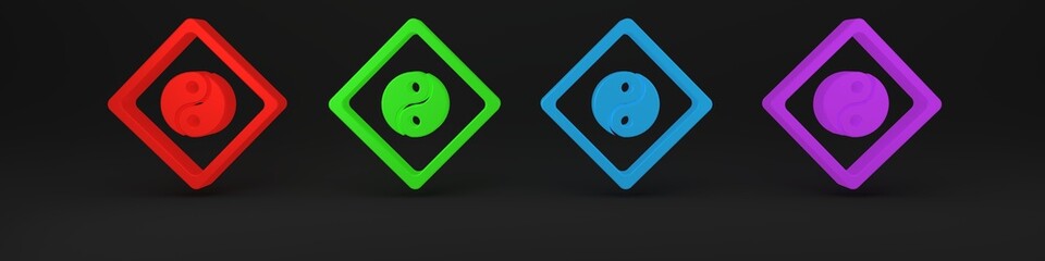 Colorful Yin Yang symbol of harmony and balance icon isolated on black background. Minimalism concept. 3D render illustration