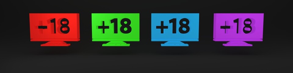 Colorful Computer monitor with 18 plus content icon isolated on black background. Age restriction symbol. Sex content sign. Adult channel. Minimalism concept. 3D render illustration