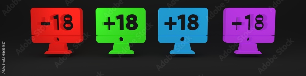 Poster colorful computer monitor with 18 plus content icon isolated on black background. age restriction sy