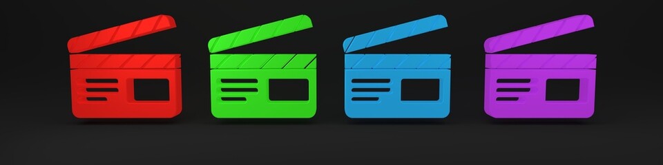 Colorful Movie clapper icon isolated on black background. Film clapper board. Clapperboard sign. Cinema production or media industry. Minimalism concept. 3D render illustration