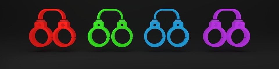Colorful Sexy fluffy handcuffs icon isolated on black background. Fetish accessory. Sex shop stuff for sadist and masochist. Minimalism concept. 3D render illustration