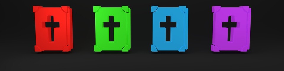 Obraz premium Colorful Holy bible book icon isolated on black background. Minimalism concept. 3D render illustration