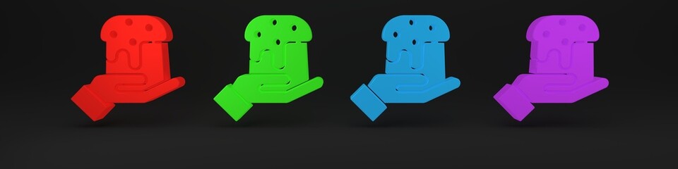 Obraz premium Colorful Human hand and easter cake icon isolated on black background. Happy Easter. Minimalism concept. 3D render illustration