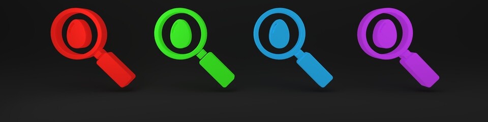 Colorful Search and easter egg icon isolated on black background. Happy Easter. Minimalism concept. 3D render illustration