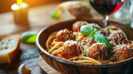 homemade spaghetti with marinara sauce, meatballs, parmesan and basil leaves.