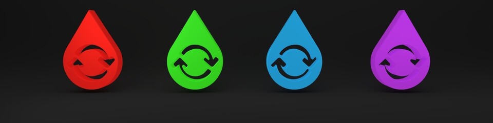 Colorful Recycle clean aqua icon isolated on black background. Drop of water with sign recycling. Minimalism concept. 3D render illustration