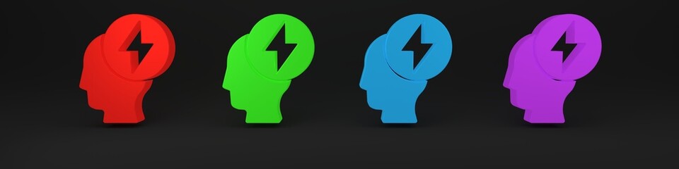 Colorful Human head and electric symbol icon isolated on black background. Minimalism concept. 3D render illustration