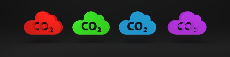 Colorful CO2 emissions in cloud icon isolated on black background. Carbon dioxide formula, smog pollution concept, environment concept. Minimalism concept. 3D render illustration