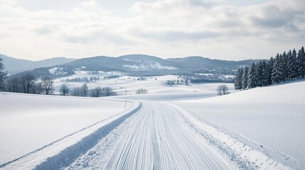 Country road through the snow-covered fields, rural area