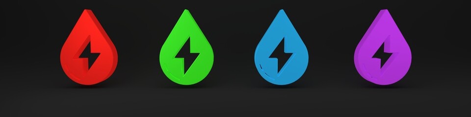 Colorful Water energy icon isolated on black background. Ecology concept with water droplet. Alternative energy concept. Minimalism concept. 3D render illustration