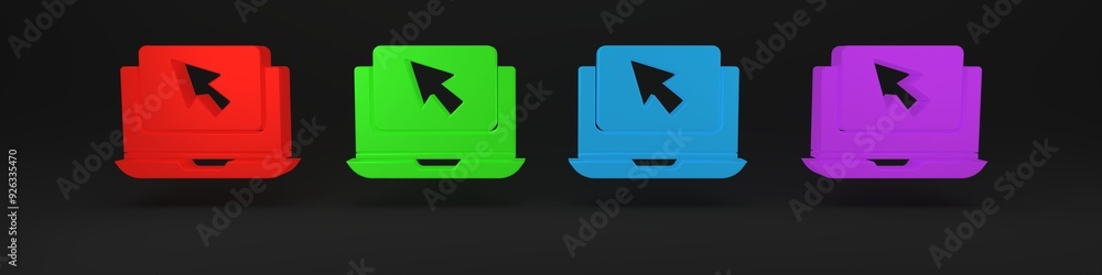 Poster colorful laptop and cursor icon isolated on black background. computer notebook with empty screen si