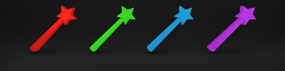 Colorful Magic wand icon isolated on black background. Star shape magic accessory. Magical power. Minimalism concept. 3D render illustration