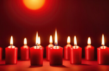 Template with a lot of Indian candles for Diwali holiday, continuous pattern on red background. Selective focus on candles on reflecting surface.