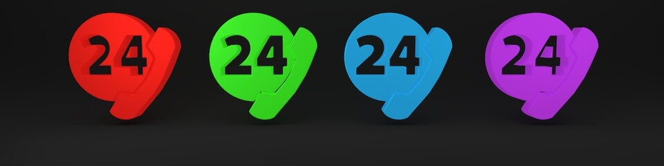 Colorful Telephone 24 hours support icon isolated on black background. All-day customer support call-center. Full time call services. Minimalism concept. 3D render illustration