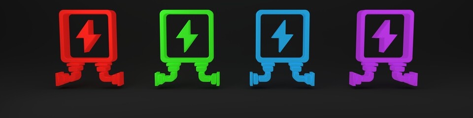 Colorful Electric transformer icon isolated on black background. Minimalism concept. 3D render illustration