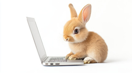 Obraz premium A cute baby brown rabbit sits with a laptop on a white background. --ar 16:9 --v 6.1 Job ID: dbee30e8-b498-4b22-8a71-d6fea533efe3