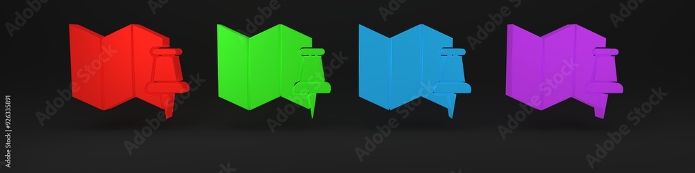 Poster colorful folded map with push pin icon isolated on black background. minimalism concept. 3d render i