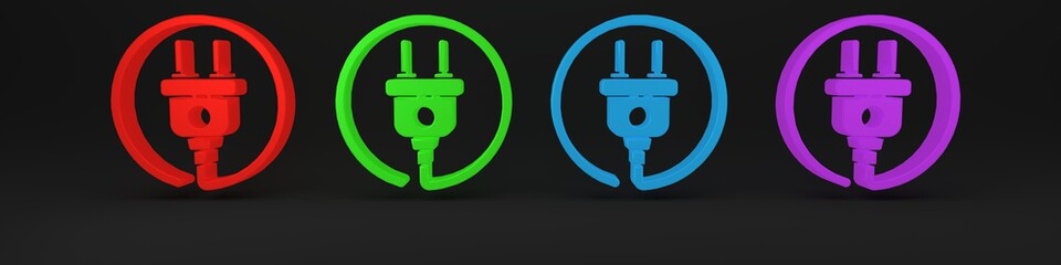 Colorful Electric plug icon isolated on black background. Concept of connection and disconnection of the electricity. Minimalism concept. 3D render illustration