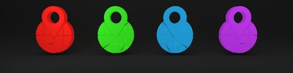 Colorful Location on the globe icon isolated on black background. World or Earth sign. Minimalism concept. 3D render illustration