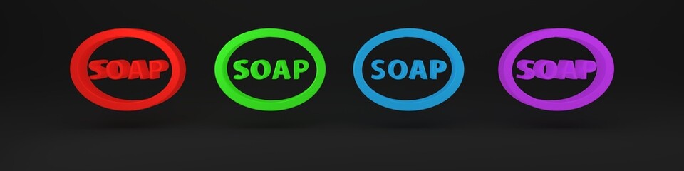 Colorful Bar of soap icon isolated on black background. Soap bar with bubbles. Minimalism concept. 3D render illustration