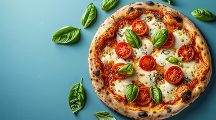 A top-down view of a freshly made vegetarian pizza on a blue background, featuring a delicious combination of tomato, mozzarella, and basil, ready to be enjoyed
