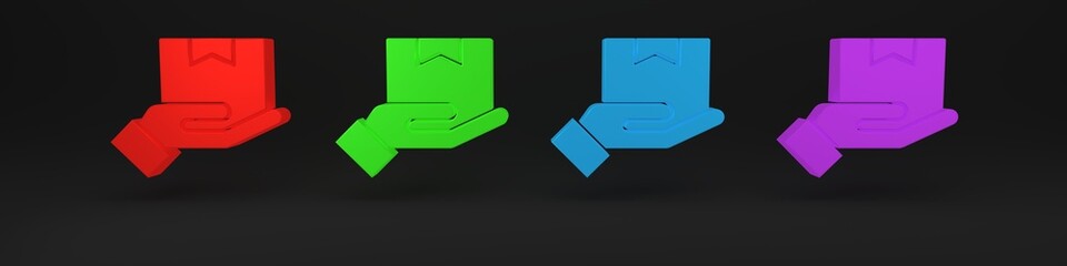 Colorful Delivery hand with cardboard boxes icon isolated on black background. Door to door delivery by courier. Minimalism concept. 3D render illustration