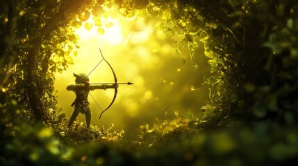 A tiny, round monster archer aiming a bow and arrow in a lush medieval forest, with sunlight filtering through the trees