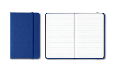 Marine blue closed and open lined notebooks isolated on transparent background