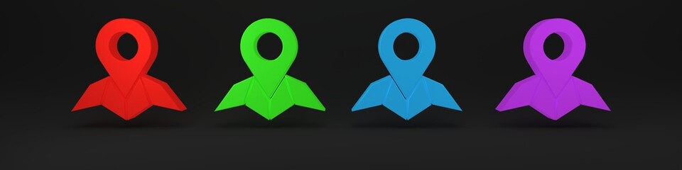 Colorful Placeholder on map paper in perspective icon isolated on black background. Minimalism concept. 3D render illustration