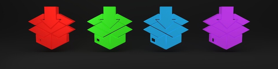 Colorful Cardboard box with traffic symbol icon isolated on black background. Box, package, parcel. Delivery, transportation and shipping. Minimalism concept. 3D render illustration