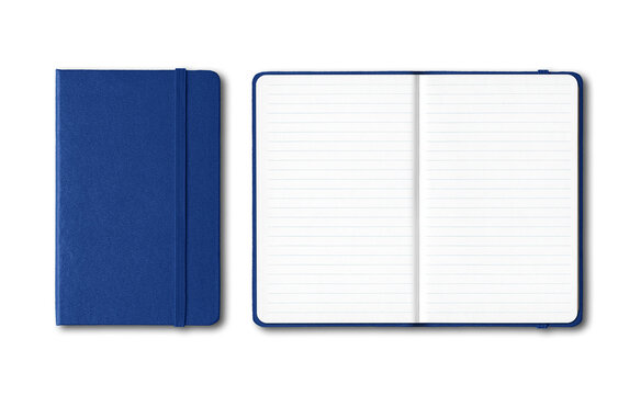 Marine blue closed and open lined notebooks isolated on transparent background