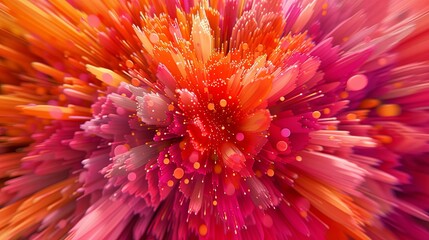 A vivid abstract composition featuring a dynamic extrusion effect that radiates a burst of pink and orange hues