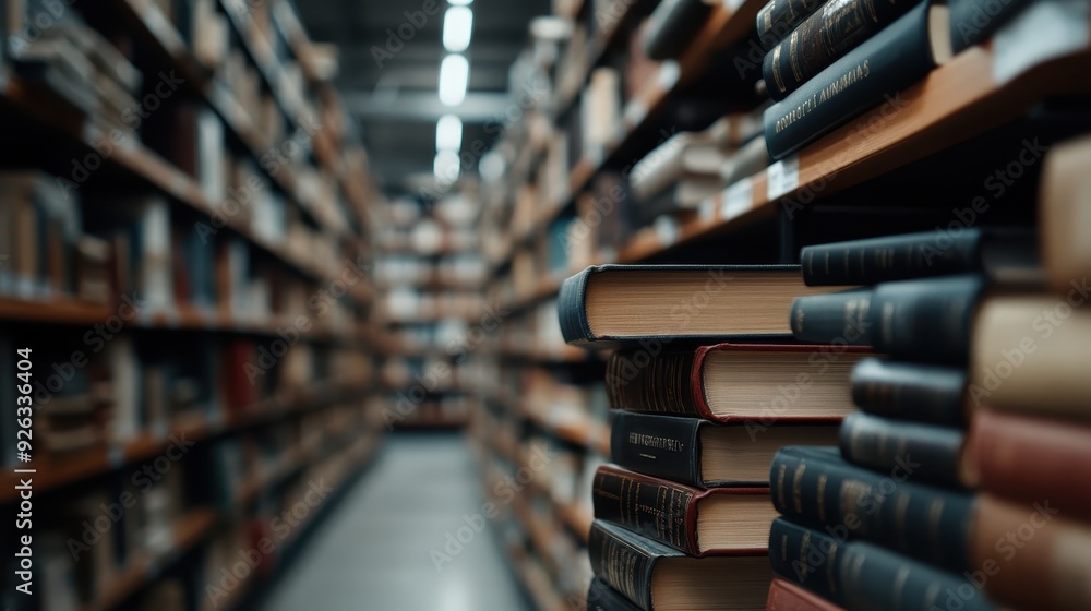 Poster rows of classic books are stacked on a library shelf, with a focus on one particular section where v