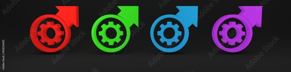 Poster colorful gear and arrows as workflow process concept icon isolated on black background. gear reload 