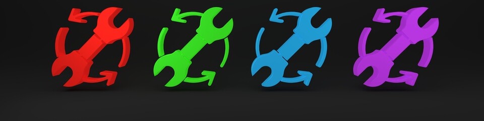 Colorful Wrench spanner and arrows as workflow icon isolated on black background. Adjusting, service, setting, maintenance, repair, fixing. Minimalism concept. 3D render illustration